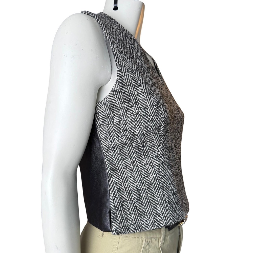 Vintage Laundry Shelli Segal Vest Herringbone Wool Leather Back Black White 6
